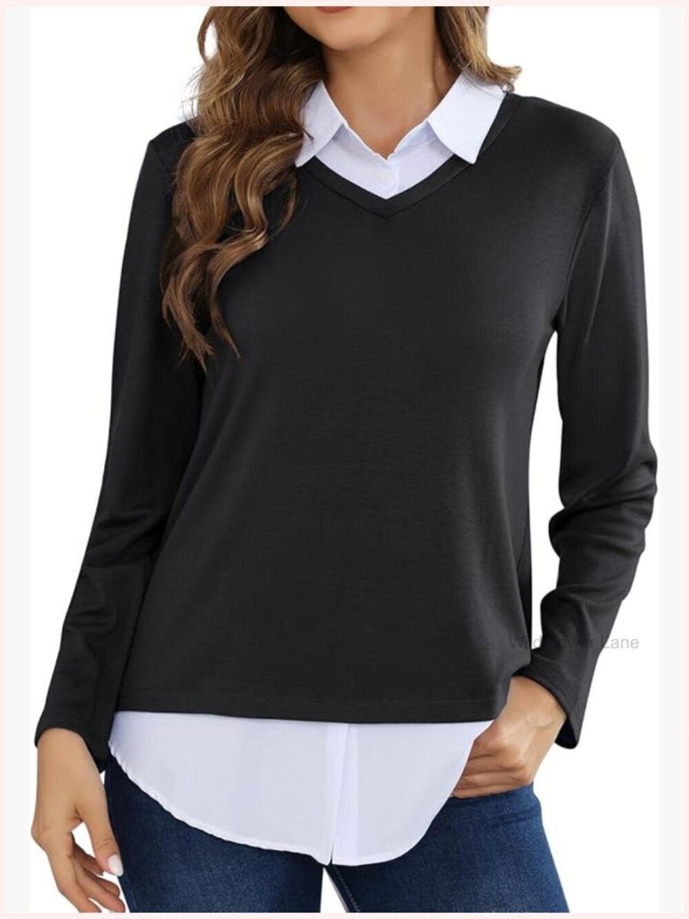 V-Neck Collared 2-in-1 Sweater Women Long Sleeve Patchwork Pullover Tunic Top